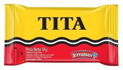 Galletita Tita. Cubierta con chocolate y relleno sabor a limón. Paquete de 18 Grs.