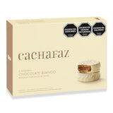 Caja de 6 alfajores Cachafaz de 360g con cobertura de chocolate blanco y relleno de dulce de leche.