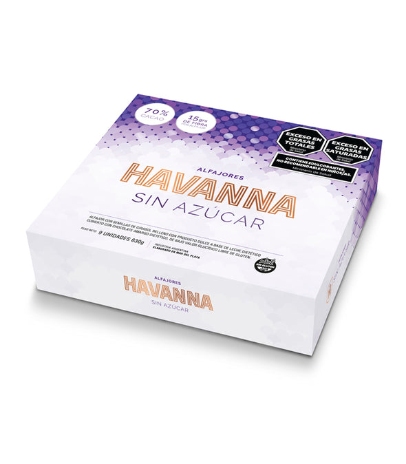 Alfajor Havanna sin azucar. Peso neto 630 Grs.